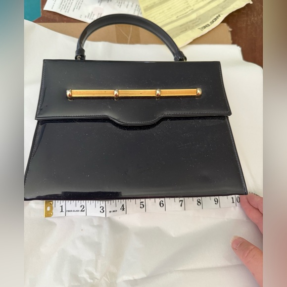 Vintage 1950s Crown Lewis Navy Patent Leather Bag with Gold Detail - Picture 8 of 12